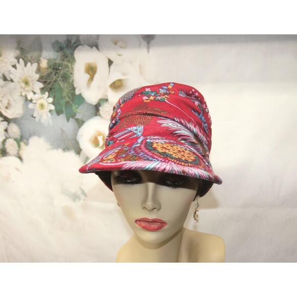 Women's Retro Style Flower Print Newsboy Hat Ruche Sun Lightweight Red NEW - Picture 2 of 3